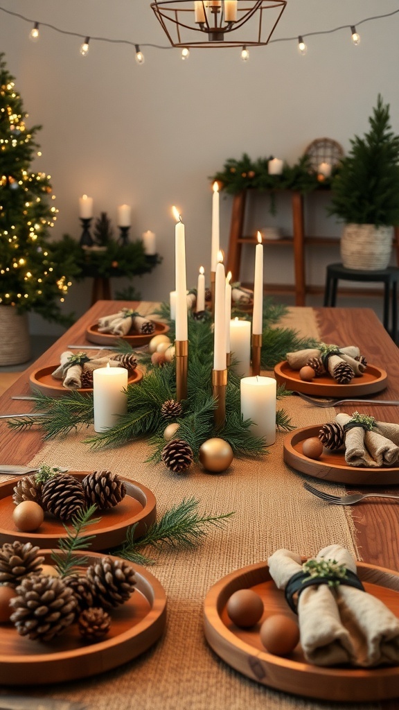 Rustic Christmas table setting with burlap runner, wooden dishes, pinecones, candles, and greenery.